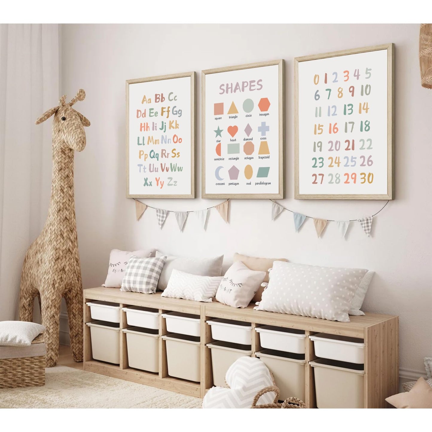 Kids Playroom Wall Art Decor Nursery ABC Alphabet Poster Play Room Canvas Wall Decor Toddler Childrens Educational Artwork Numbers Shapes Prints ABC Picture for Playroom 12x16 Inch Framed Set of 3