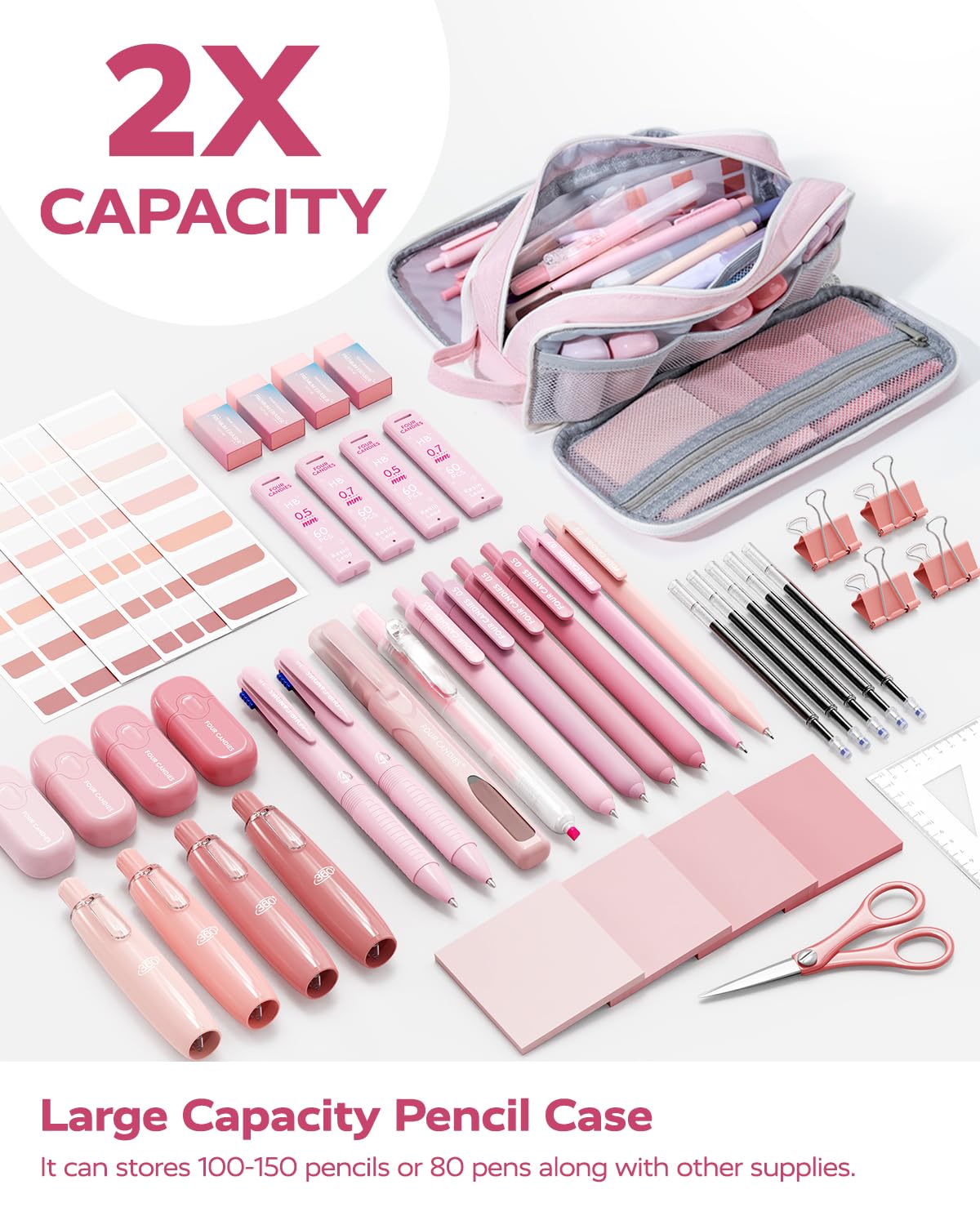 Four Candies Pink College Supplies and Nursing Essentials with Organizer, Gel Pens with Black Ink,Correction Tapes,Pastel Highlighters, Mechanical Pencils, Sticky Notes, Index Post