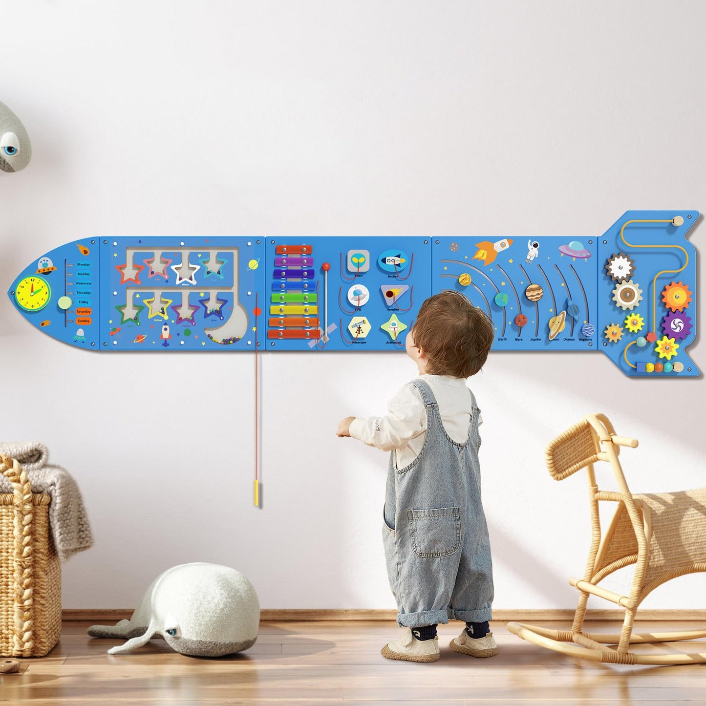 nigwet Rocket Activity Wall Busy Board Panels - Sensory Wall Panel for Kids, Montessori Toddler Wall Activity Board, Wall Toys for Toddlers 3, Activity Cube, Wooden Boards, Blue