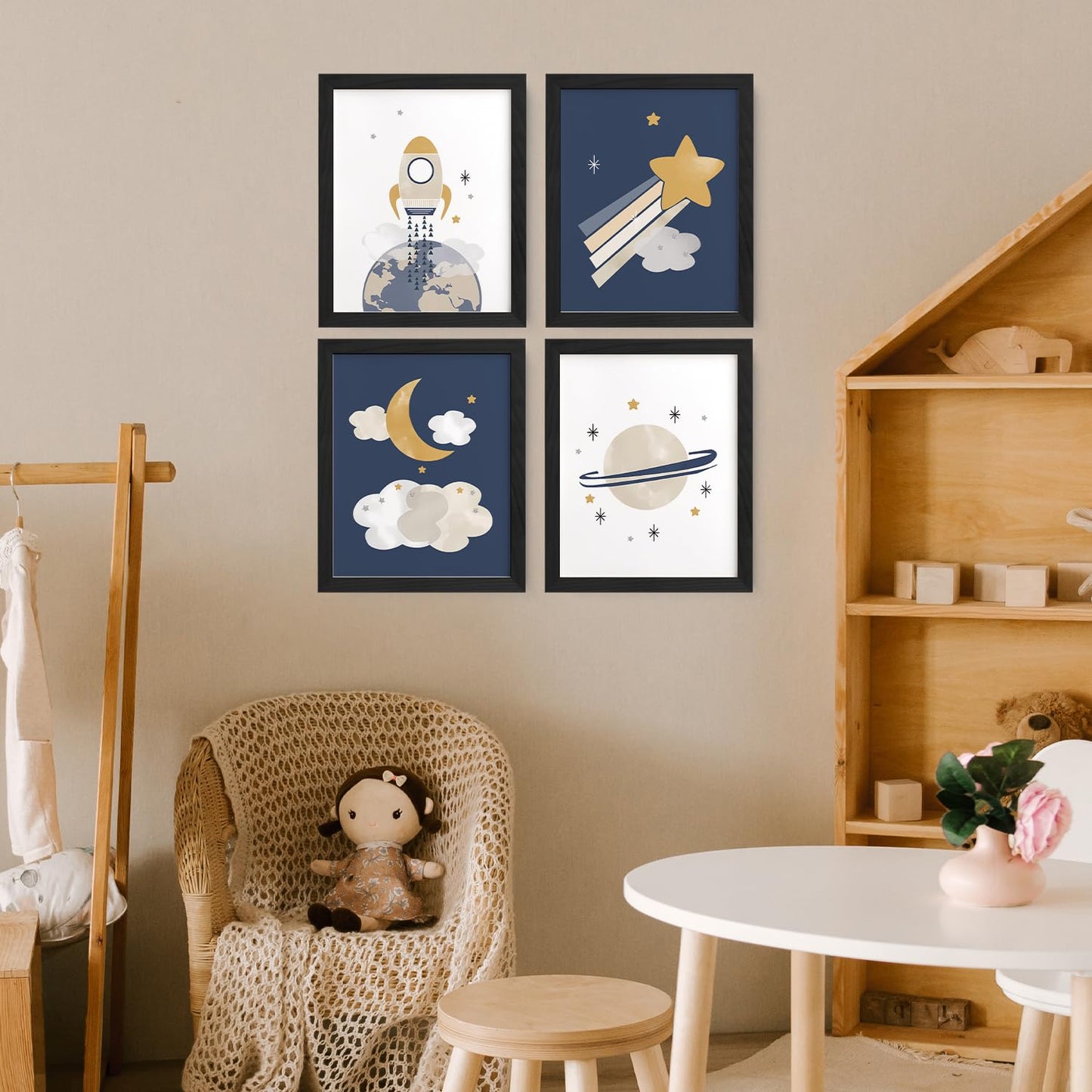 JXREQ Space Nursery Decor for Kids Boys Toddler Room Playroom Nursery Classroom Space Posters Wall Art Prints Set of 4, Cute Wall Decor for Kid Baby Boy Bedroom, 8x10 Inch Unframed