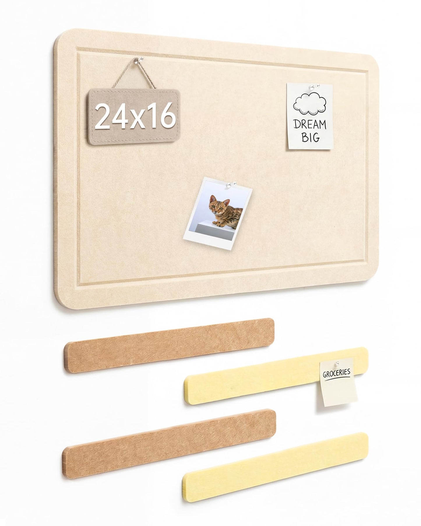 Small Felt Bulletin Board and 4 pcs Bar Strips Set, 24"X16" Cork Board Alternative with Removable Adhesive Tabs, 30 Push Pins for Office, Classroom, Bedroom, Walls Decorations - Yellow