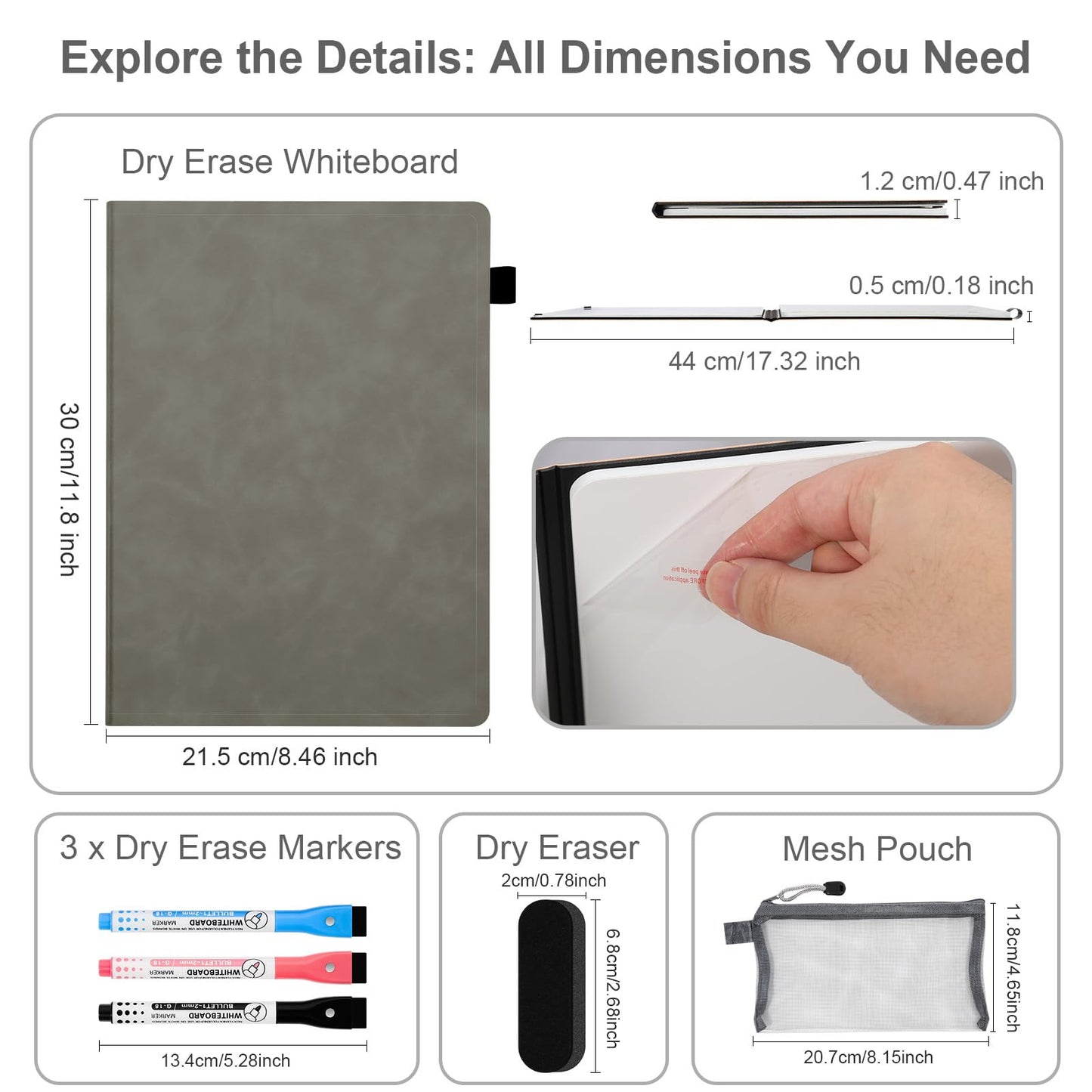 AGM Portable White Board Dry Erase Notebook, 12" x 9" Double Sided Folding Whiteboards with 3 Pens, Small Travel Dry Erase Board Skin-Friendly Material for Study, Meeting, Planning, Grey