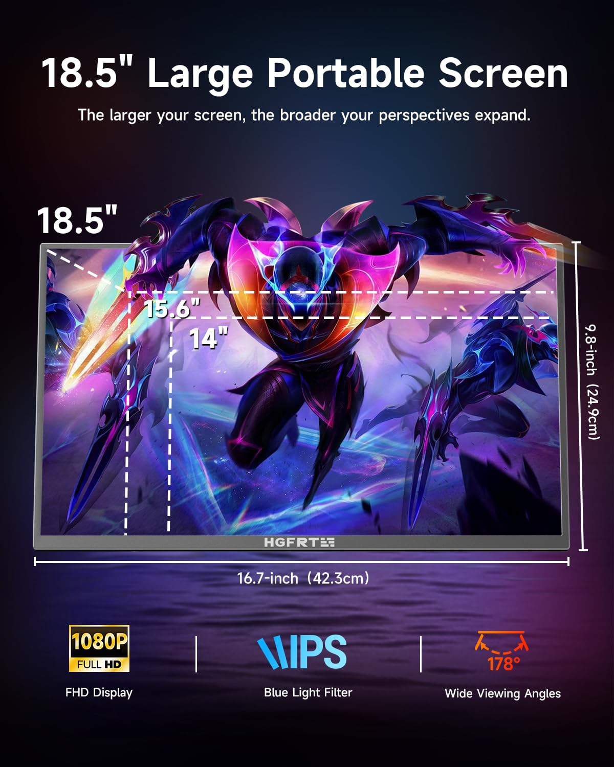 Hgfrtee Large Portable Monitor 18.5", 1080P FHD 100Hz 120% sRGB USB-C IPS Screen External Display for Laptop Mac Gaming Office PC, Travel Monitor with Kickstand & Speakers, VESA Mountable - LCD Panels