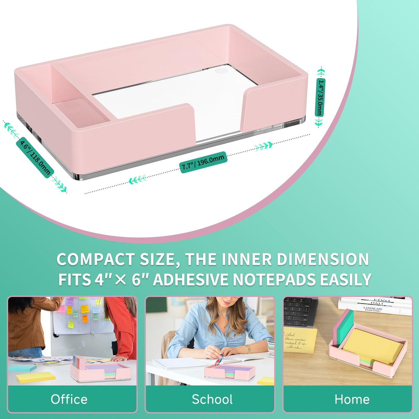 Kucle Sticky Note Holder with Pen Slot, Pink Acrylic Notepad Holder 4x6 in Self-Stick Note Dispenser Office Desk Accessories, Memo Pad Holder Organizer for Classroom School Supplies