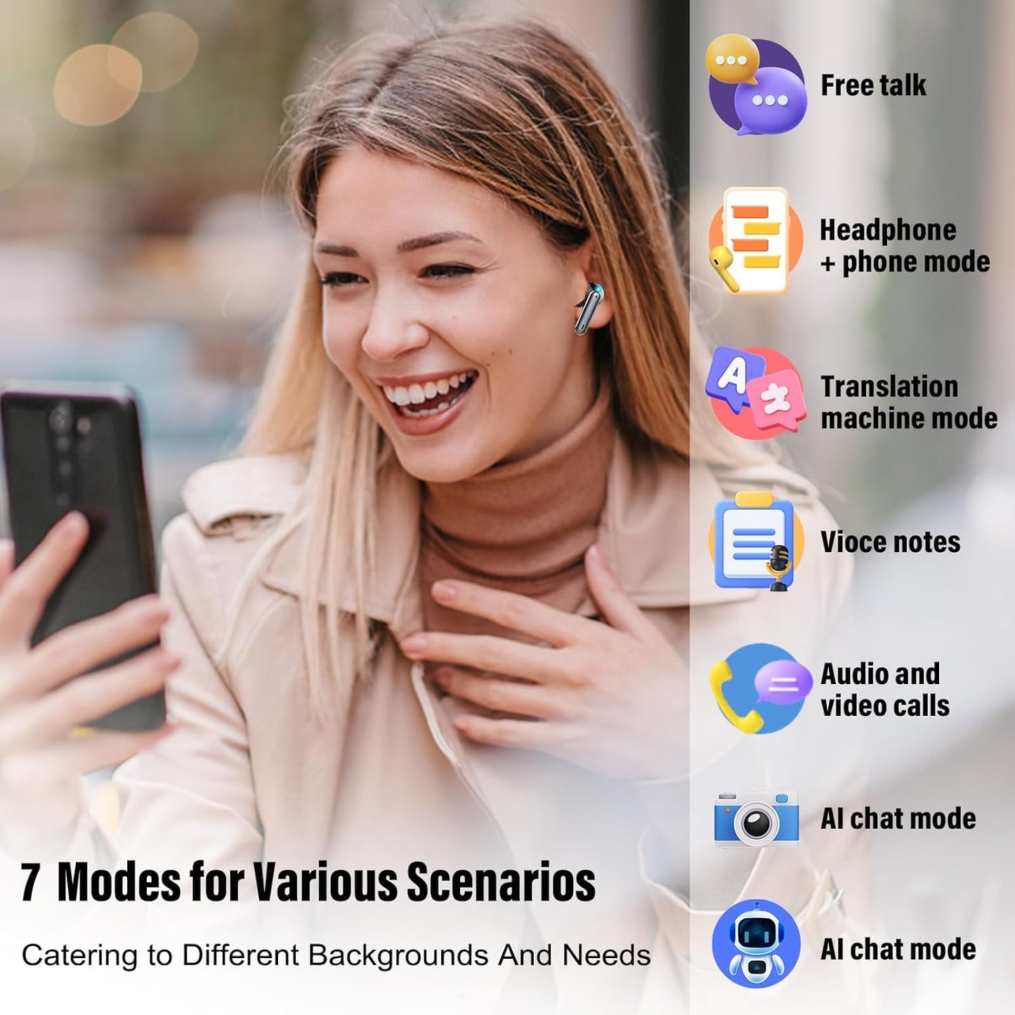 Ai Translation Earbuds Real Time,3-in-1 Buletooth 5.3 Translator Earbuds with 6 Translation Modes/164 Languages,No Subscription Required Translatior Headphones,40H Audifonos Traductores Inglés Español