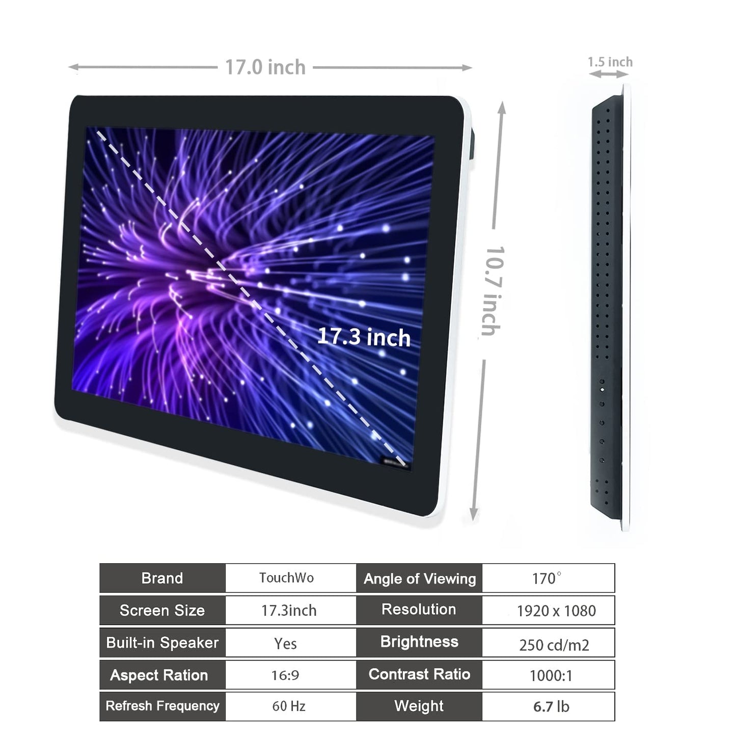 TouchWo 17.3 inch Capacitive Multi-Touch Screen Industrial Monitor, 16:9 Display 1920 x 1080P, Built-in Speakers, VGA & HD-MI Monitor for PC, POS, Small Business, Restaurant, Bar