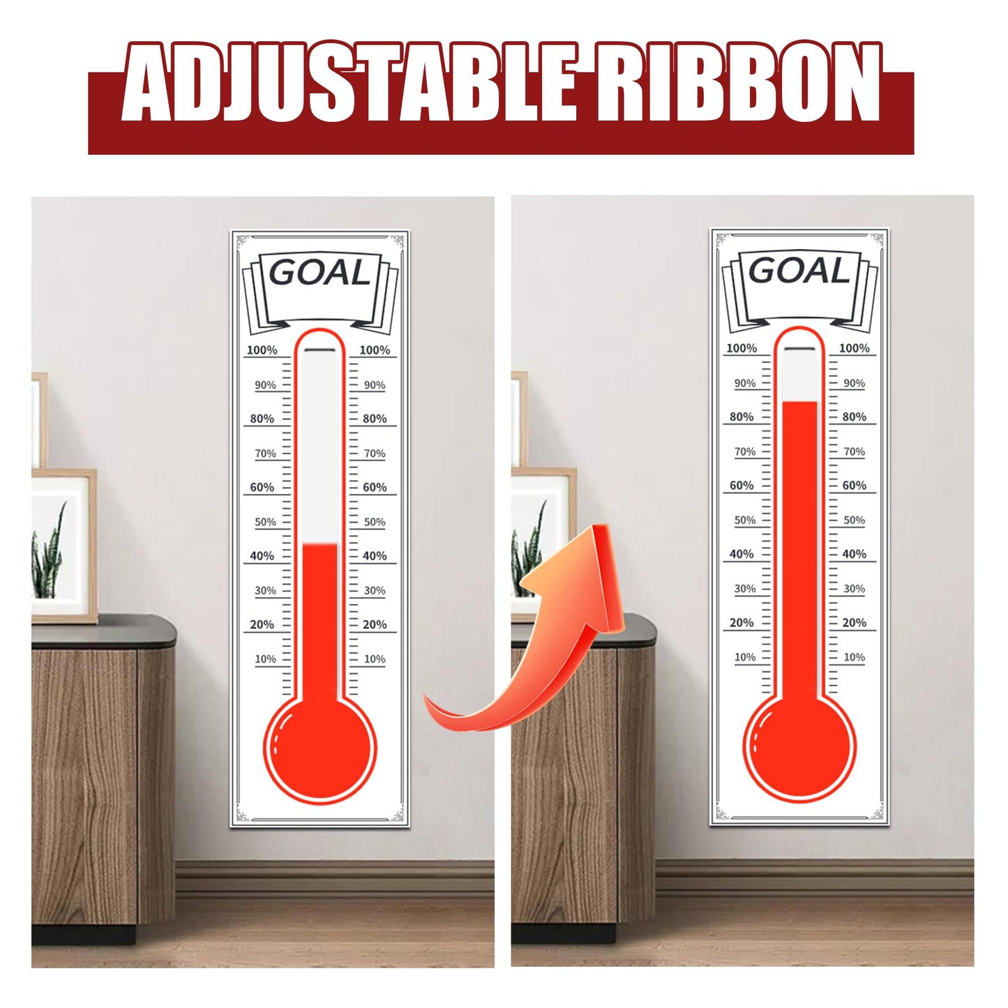 Dry Erase Goal Tracking Thermometer 46"x12" - Corporate Sales Board with Progress Ribbon for Team Motivation