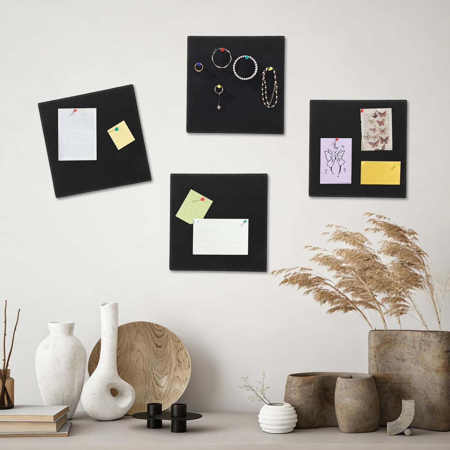 Large Cork Board 28" x 19", 6 Pack Felt Bulletin Board with Pushpins, Cork Boards Alternative with Self-Adhesive Strips, Felt Wall Tiles Pin Boards for Walls Office Home School Decor-Black