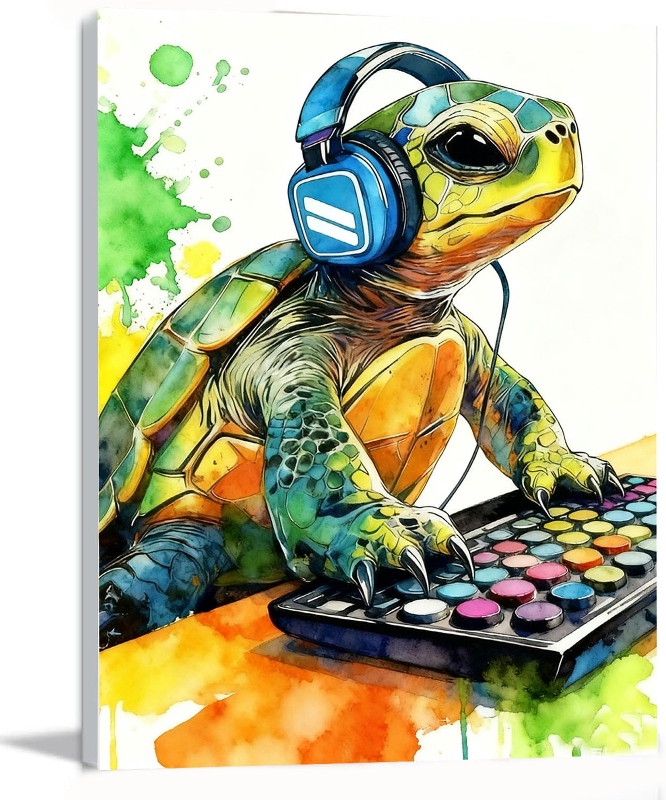 Graffiti DJ Sea Turtle Canvas Wall Art Modern Funny Print 16x24 inch Green Tortoise with Headphones Teen Boy Gaming Room Cool Framed Animal Decor Kids Bedroom Gift Decor Men Office Home Poster
