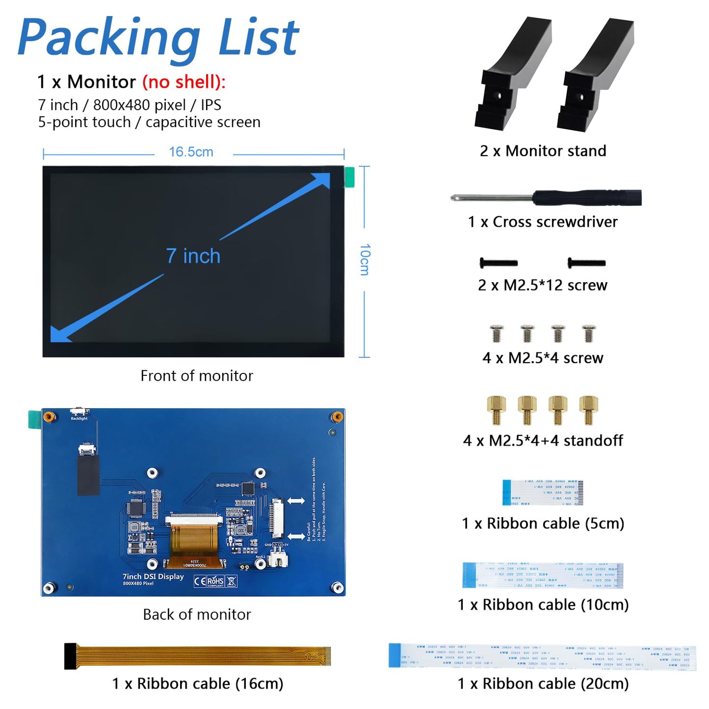 FREENOVE 7 Inch Touchscreen Monitor for Raspberry Pi 5 4 B 3 B+ A+, 800x480 Pixel IPS Display, 5-Point Touch Capacitive Screen, Driver-Free MIPI DSI Port