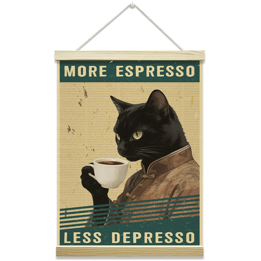 Vintage Black Cat Coffee Poster Hanger Frame, More Espresso Less Despresso Posters Canvas Wall Art for Cafe Office Kitchen Living Room Decor, 12x16 Inches -035