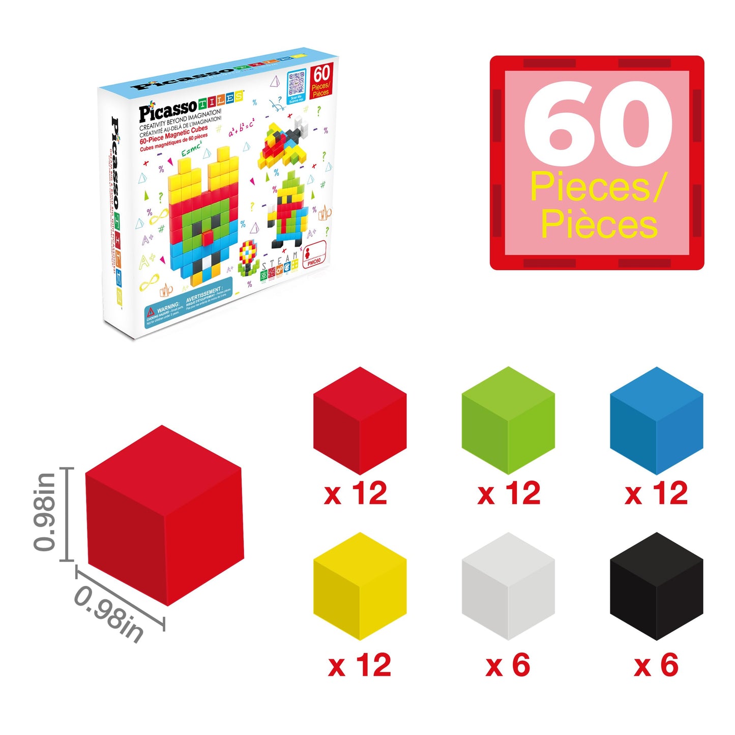 PicassoTiles 60pc Magnetic Puzzle Cube Building Set 1 Inch 3D Blocks STEM Construction Toy for Toddlers Kids Boys Girls Age 3+ Montessori Learning Travel Sensory Gift with Educational Idea Book PMC60