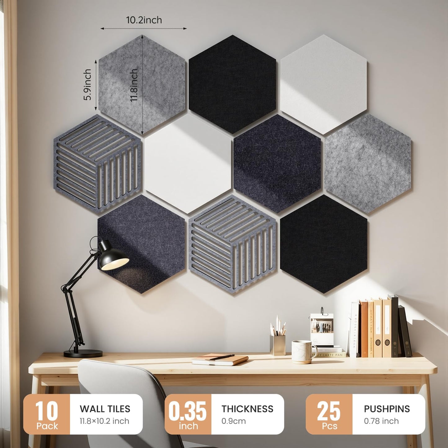 Hexagon Cork Bulletin Boards for Walls Decor, 10 Pack Felt Board Tiles with 25 Push Pins, Photo Display Board for Office & Home Classroom DIY Decor