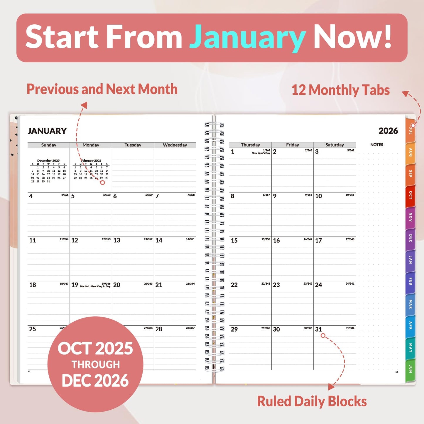 SUNEE 2026 Weekly and Monthly Planner - from January 2026 - December 2026, Daily Agenda Planner with Monthly Tab, Flexible Cover, Note Pages, Pockets, Bookmark, Spiral Binding, Pink Breeze, 8.5"x11"