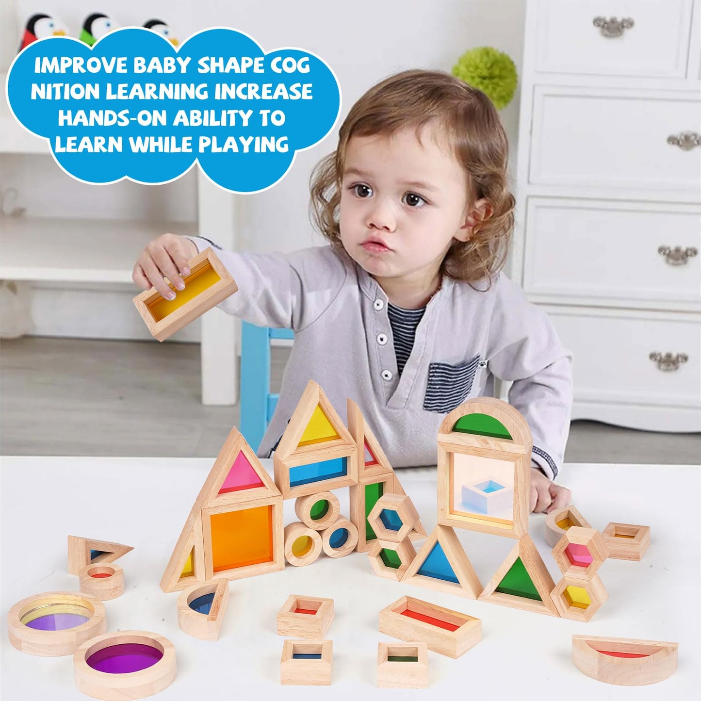 Agirlgle Wooden Rainbow Building Blocks for Kids 32 Pcs Rainbow Stacker Stacking Blocks Game Colorful Construction Toys Preschool Learning Educational Toys -Geometry Wooden Blocks for Boys & Girls