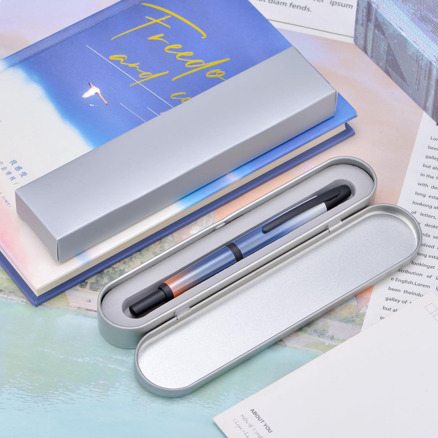 Jinhao 10 Press Fountain Pen with Box, Gradient Dark Blue Retractable Extra Fine Nib with Ink Converter Set (Black Clip)