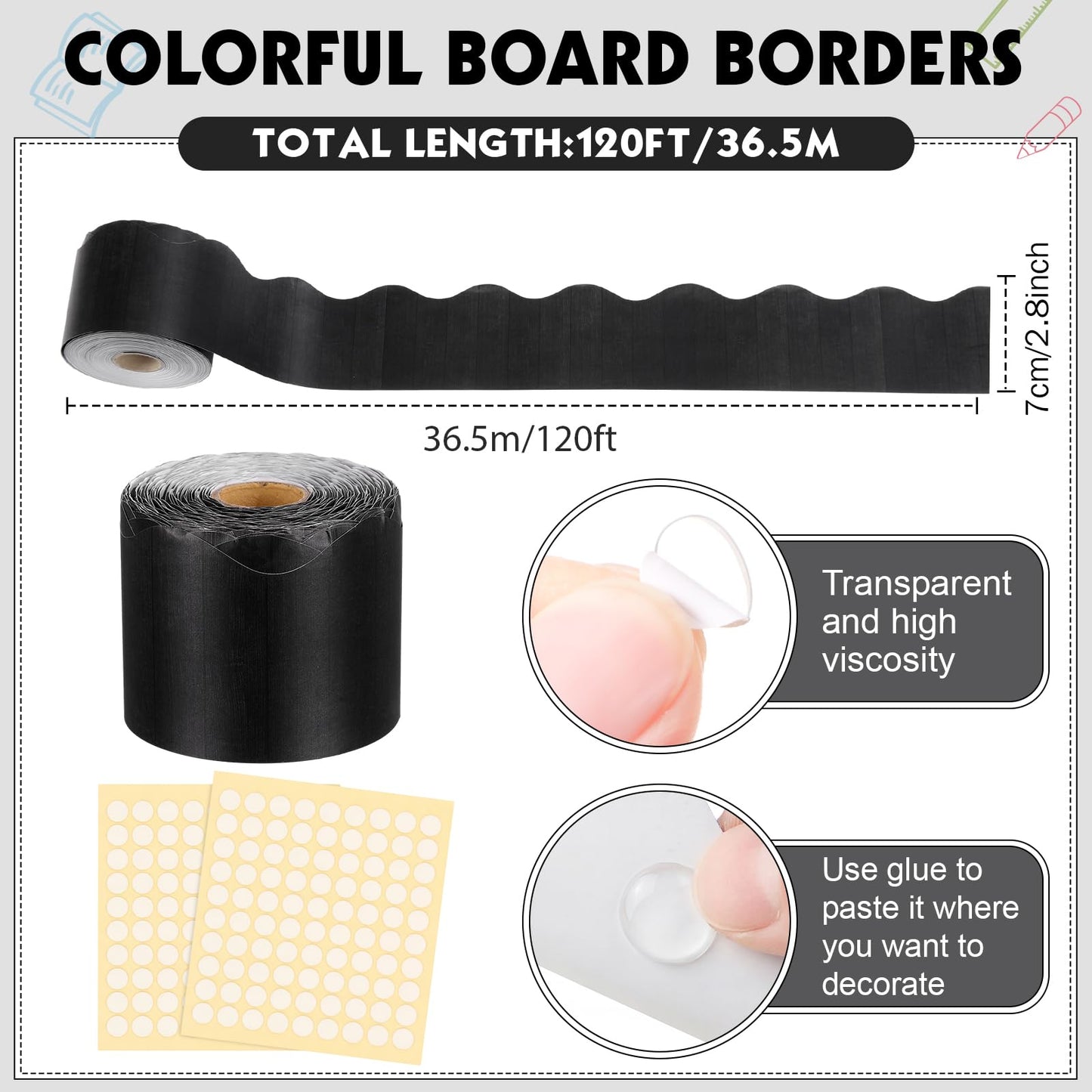 Tenceur 120 Feet Bulletin Board Borders Wooden Pattern Straight Rolled Border Trim Wood Straight for Classroom Schools Office Decoration(Black)