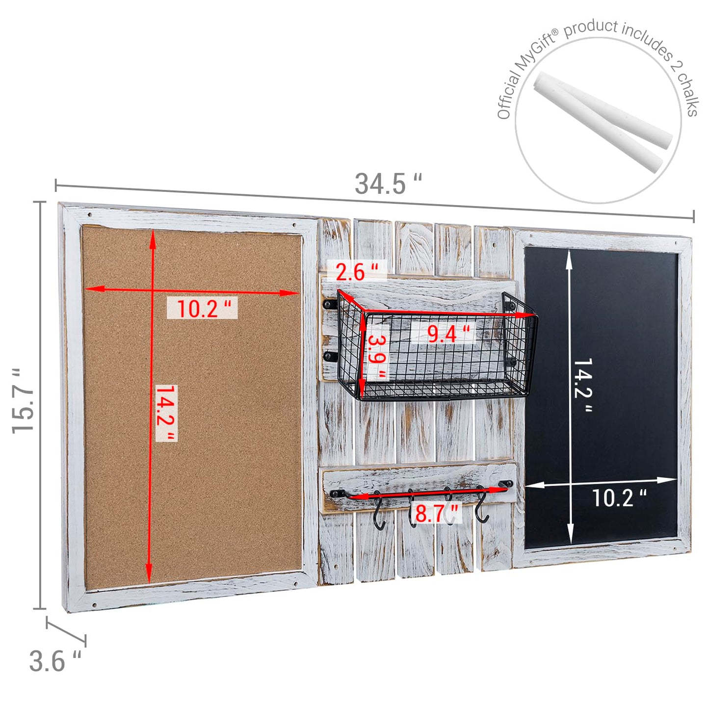 MyGift 3 Panel Wall Mounted Entryway Bulletin Board Combo Set with Shabby White Washed Solid Wood Frame, Chalkboard, Cork Board, Black Metal Mail Basket, and Hanging Rail