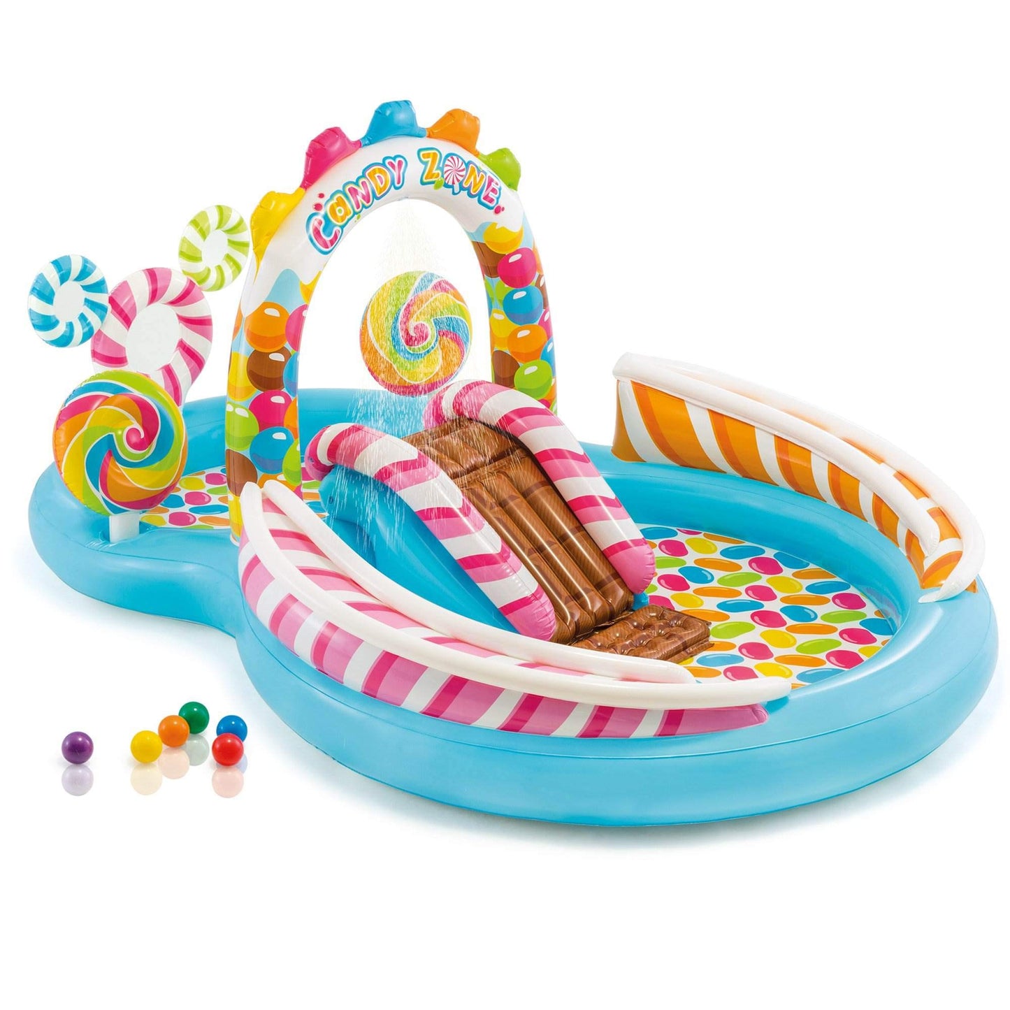 INTEX Candy Zone Inflatable Kiddie Pool: Inflatable Kids Pool with Water Sprayer and Slide – Splash Pad – 116" x 75" x 51" – Ages 3+