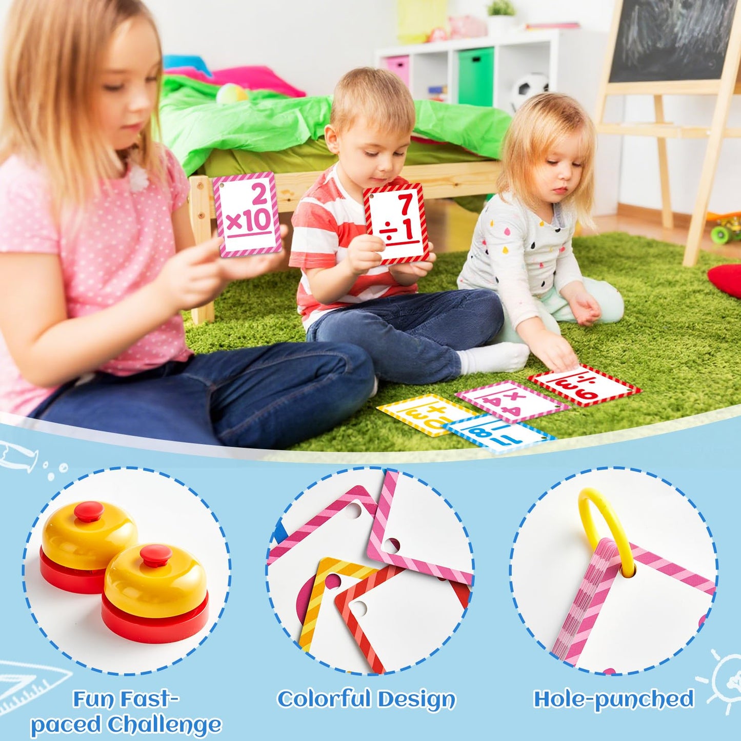 Math Flash Cards Set of 5 Addition Subtraction Division Multiplication Make 10 Games 276 Math Learning Double-Sided Flashcards with 5 Rings 2 Quick Answer Bells for Kids Kindergarten 1st 2nd 3rd Grade