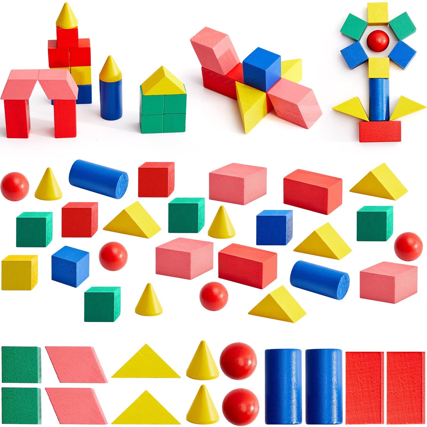 140 Pcs Mini 3D Shapes for Teaching, Wood Geometric Solids, Geometric Shapes 3D Shape Blocks, Classroom Manipulatives for Elementary School Geometry Math Kindergarten Preschool Learning