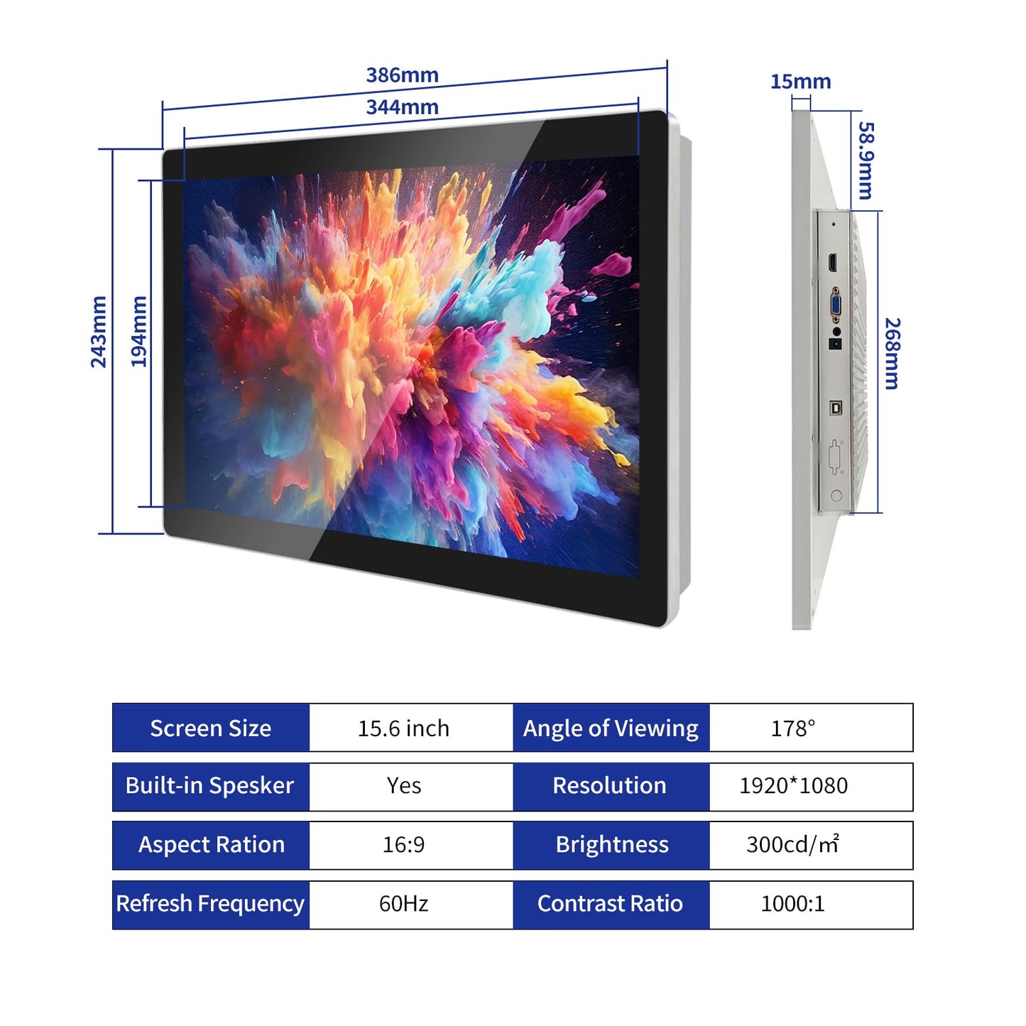 Tokigns 15.6 Inch Capacitive Multi-Touch Screen Industrial Monitor, 16:9 FHD Display 1920 x 1080P, Built-in Speakers, USB, VGA& HD Ports, Digital Signage Displays and Player for Advertising
