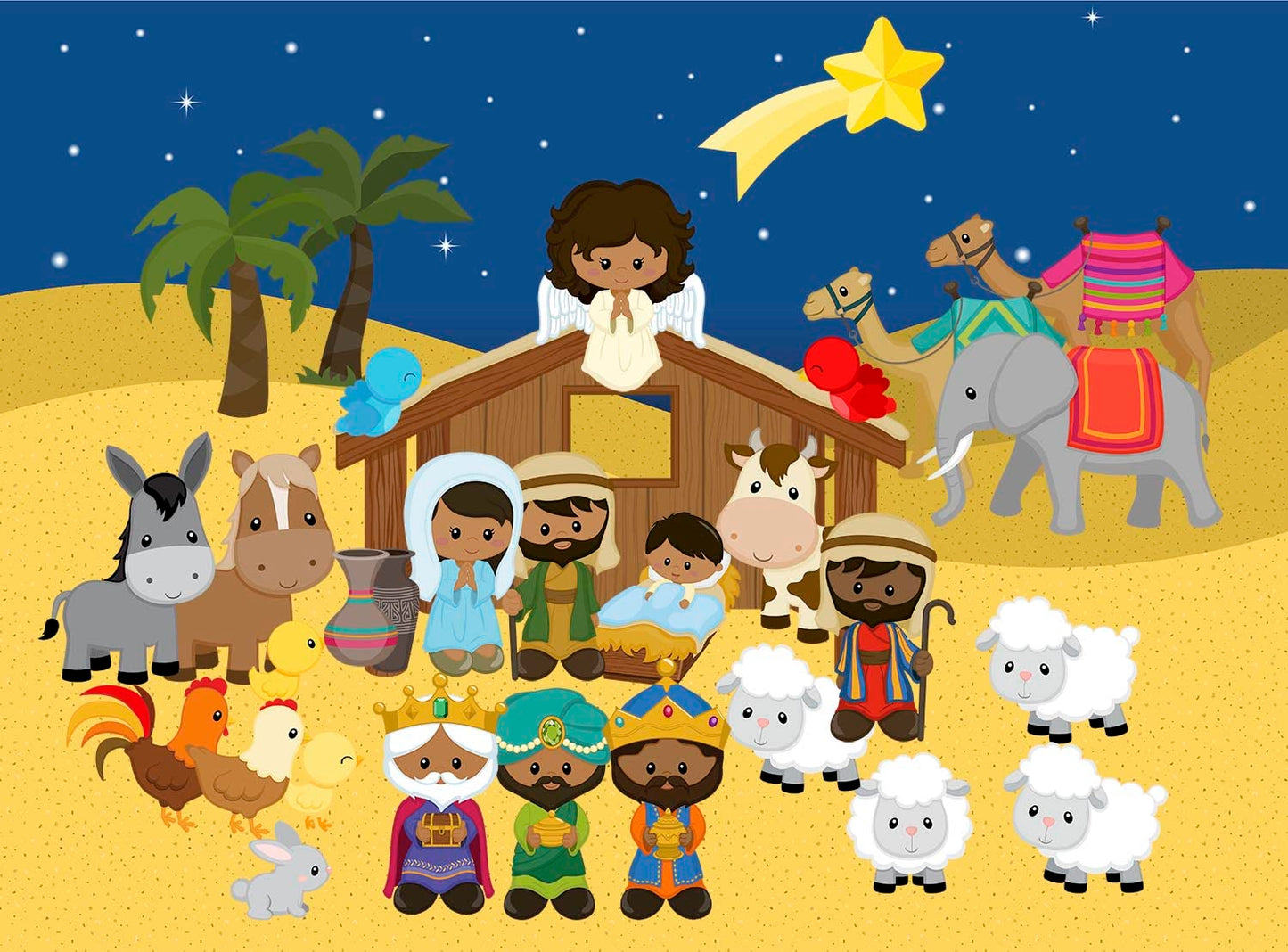 Story Time Felts Nativity Set Birth of Baby Jesus Christ Felt Figure Flannel Board Set 29 Pieces Bible Dark Skinned (Figures & Background)