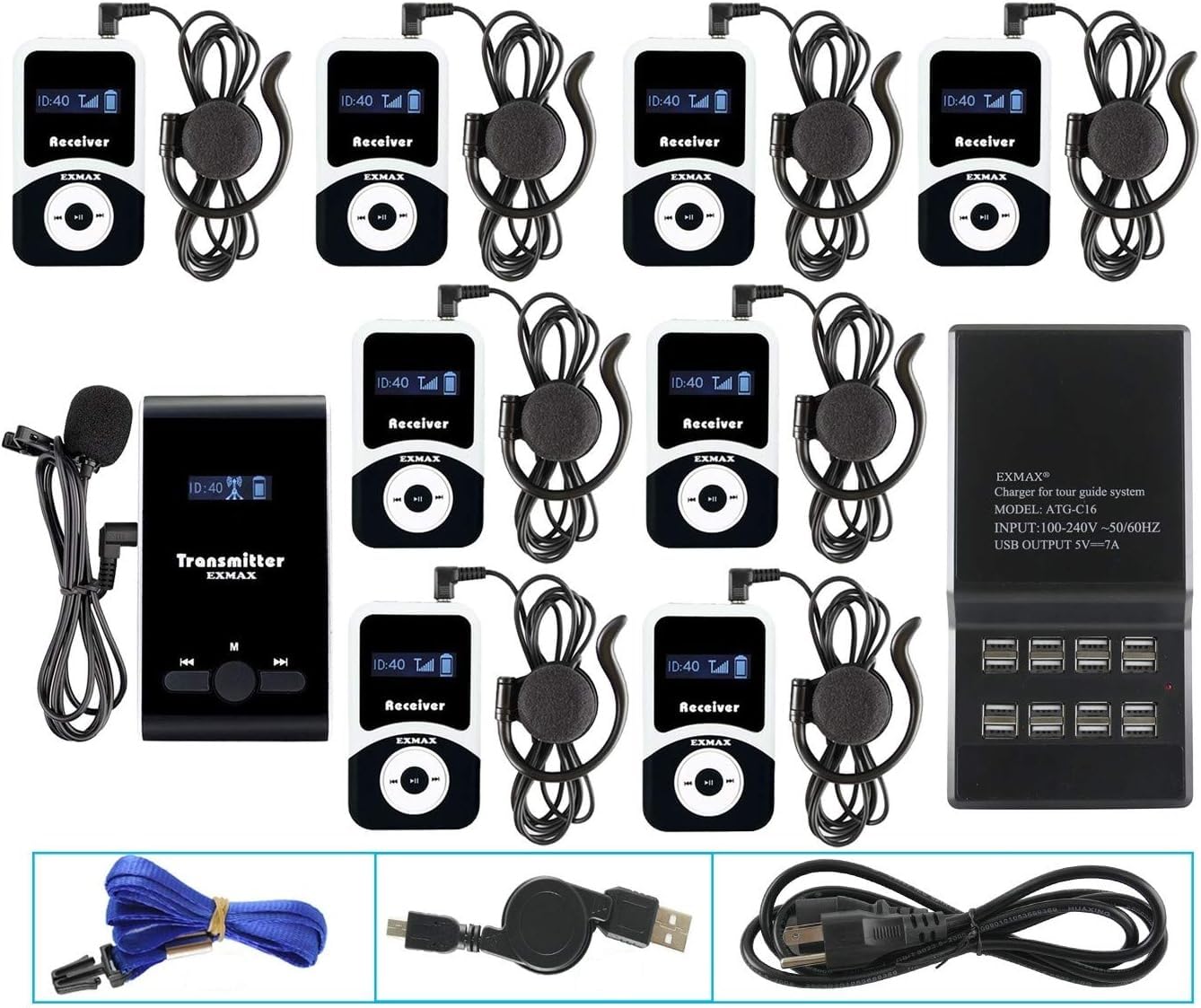 EXMAX® EX-100 Wireless Tour Guide System Translator Device for Courtroom Church Translation Simultaneous Language Interpretation City Tour Travel (1 Transmitter 8 Receivers 16-port Charging Station)