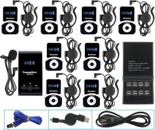 EXMAX® EX-100 Wireless Tour Guide System Translator Device for Courtroom Church Translation Simultaneous Language Interpretation City Tour Travel (1 Transmitter 8 Receivers 16-port Charging Station)