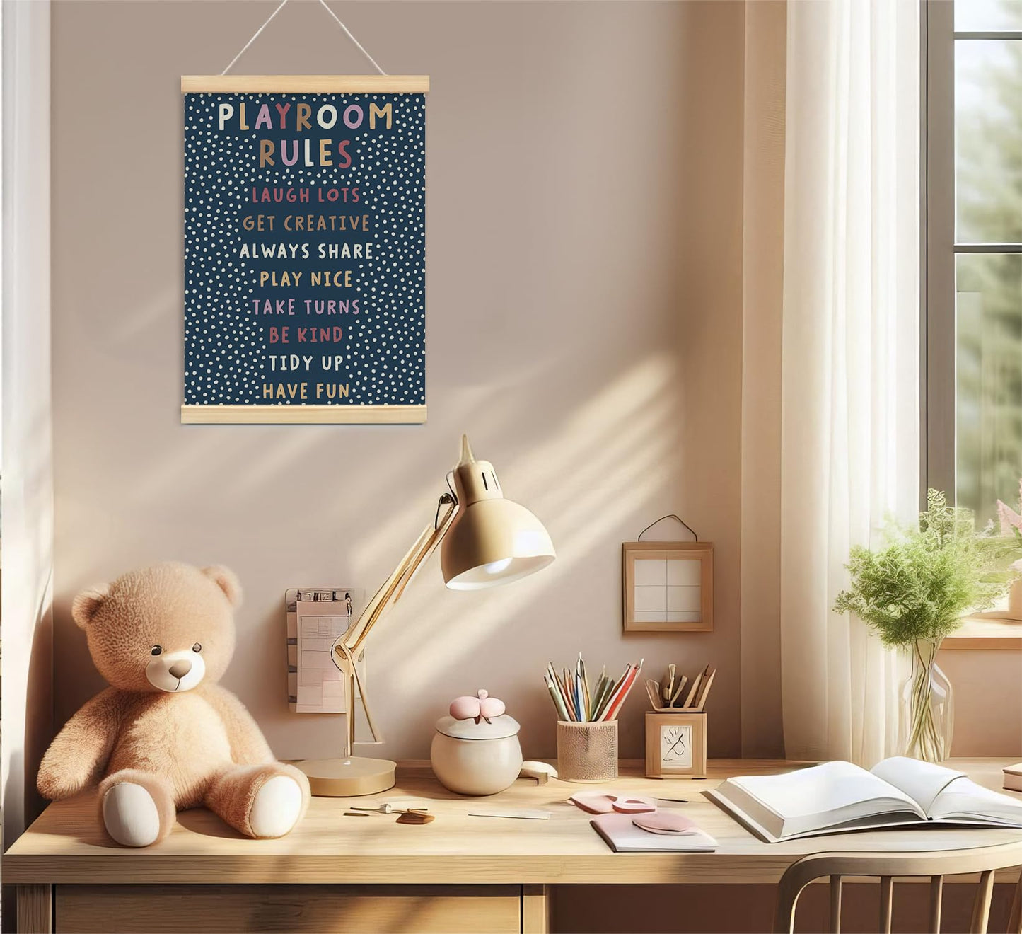 Playroom Kids Tollder Room Wall Decor, Play Room Rules Wall Decor for Kids Play Game Room Bedroom Nursery Home School Playroom Essentials, Canvas Hanging Banner Wood Poster Frameds(navy)