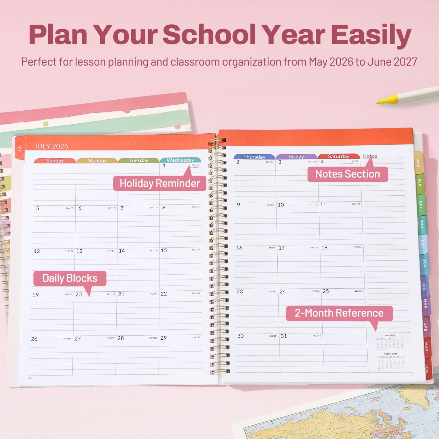 SUNEE Teacher Planner 2026-2027 Academic Year, 7 Periods Lesson Plan Book Jul 2026 - Jun 2027, 8.5"x11"Daily Weekly Monthly Organizers Horizontal Layout with Calendars, Bookmark, Tabs, Rainbow Stripes