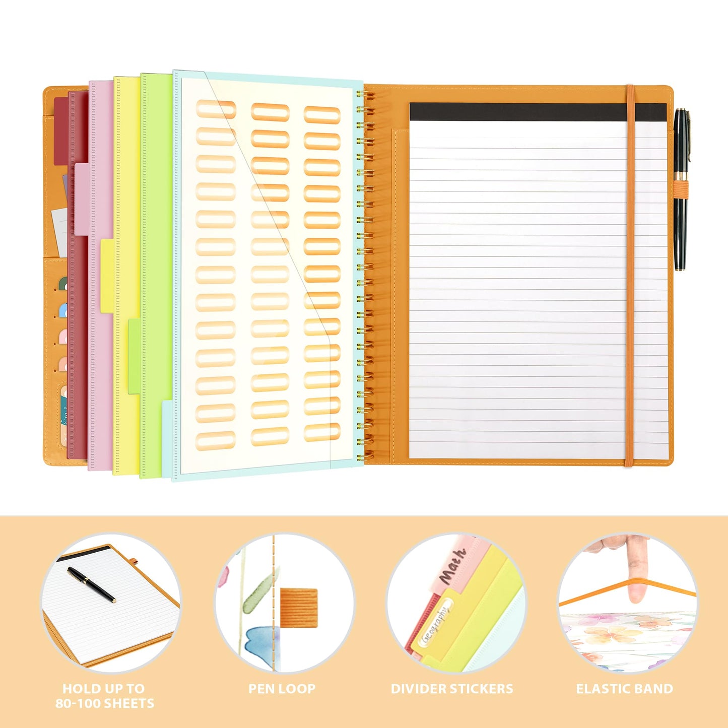 Ospelelf Clipboard with Storage for Women, Leather Padfolio Portfolio Organizer 5 Folders with 10 Pockets, Spiral Clipboard Folio with Notepad for Letter Size, Elastic Closure and Pen Loop Flowers