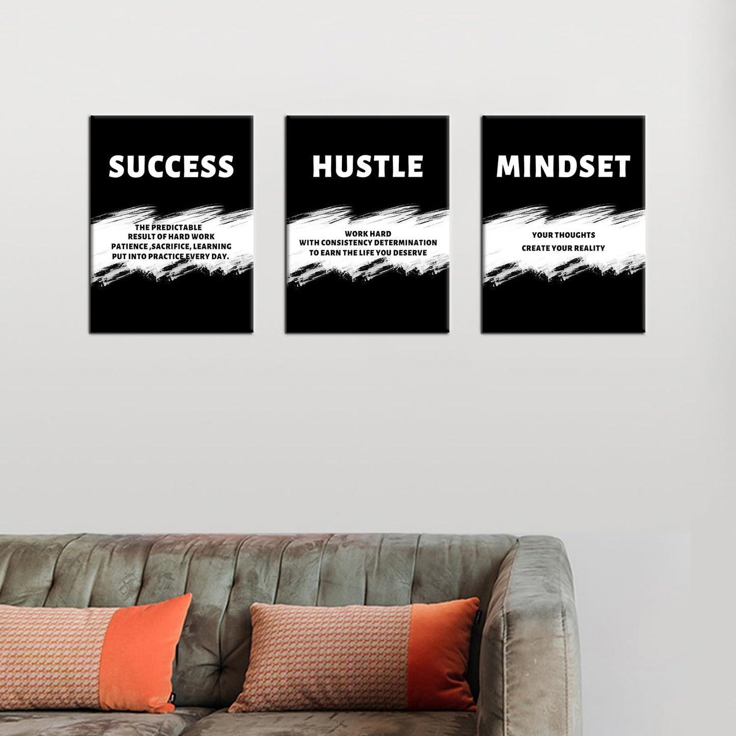 PSYYSP 3 Piece Canvas Wall Art Success Hustle Mindset Posters, Black White Motivational Triptych Wall Decor for Office, Bedroom, Dorm, Business Workspace, Framed Canvas 36x16inch