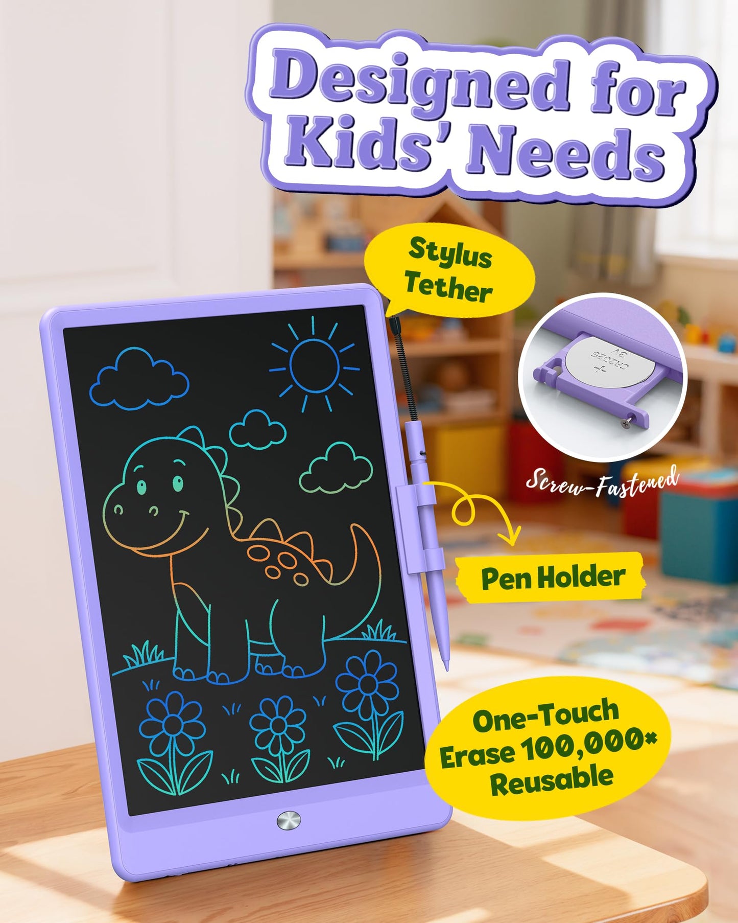 Bravokids 10 Inch LCD Writing Tablet for 3-8 Year Olds - Electronic Drawing Pad and Doodle Board as Educational Birthday Gifts for Girls and Boys (Purple)