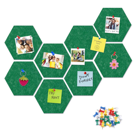 8 Packs Green Hexagon Felt Pin Board, 12" Bulletin Board with 30 Push Pins, Felt Board for Home Kitchen Office Decor, Self-Adhesive Corkboard Tiles for Walls Classroom Message Photos Memos Display