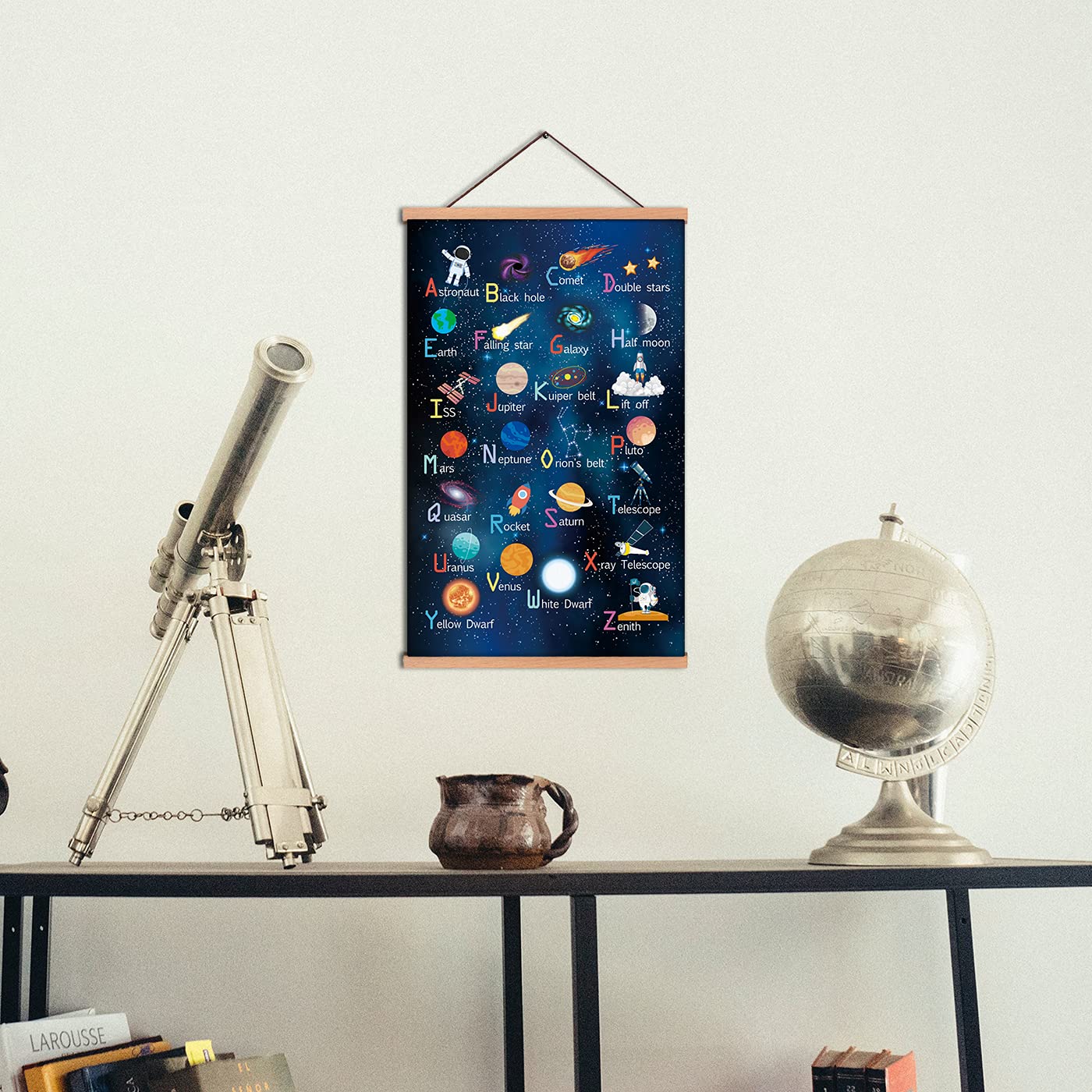 Outer Space Art Print With Wood Magnetic Poster Hanger Frame, Astronomy Alphabet Letters Canvas Wall Art ,Abstract Universe Educational Poster,35X56CM Hanging Painting For Home kids Classroom Decor