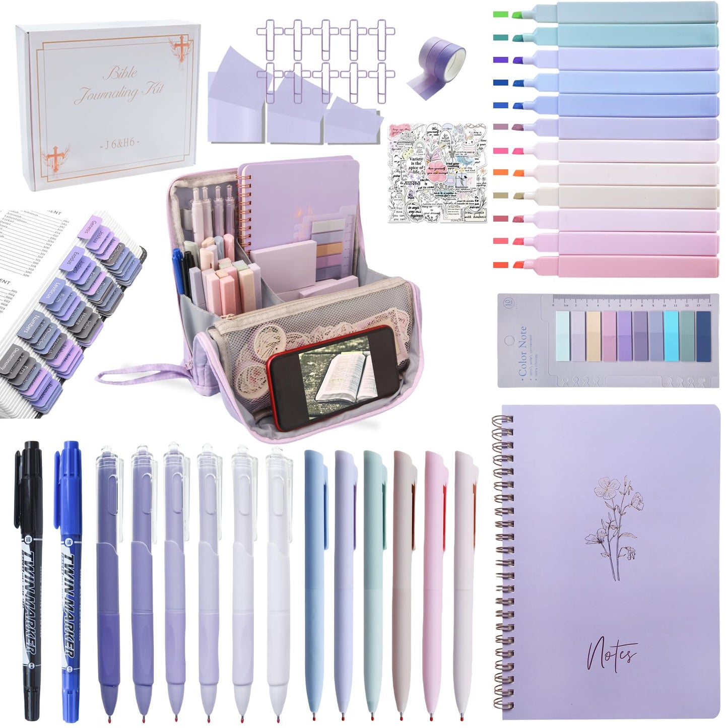 J6&H6 170Pcs Complete Bible Study Supplies, Bible Journaling Kit, Foldable Pencil Case with 75 Tabs,12 Pastel Bible Highlighters More Bible Accessories Set for Women, Beginner Christian Gifts (Purple)