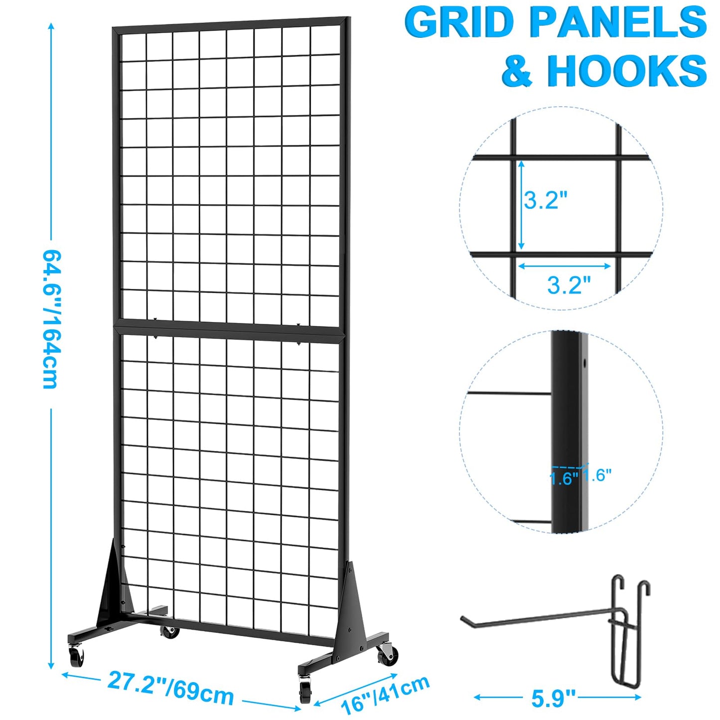 QKOSMTL 2-Pack Gridwall Panel Display Stand, 2'x5.5' Heavy Duty Floor Standing Rack with Detachable Girdwall, Movable Silent Wheel, Easy to Transport, Ideal for Retail & Craft Fairs