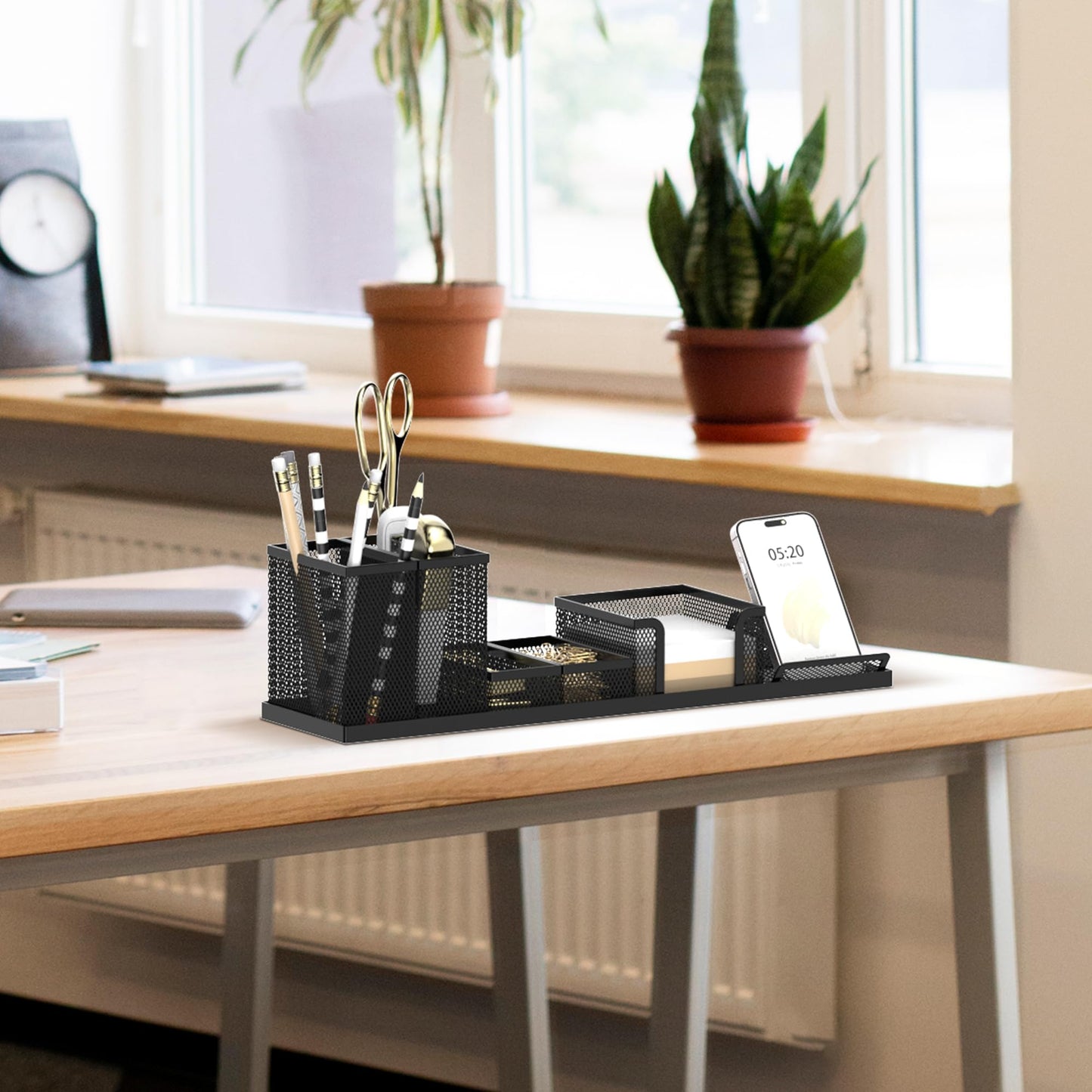 SUPEASY Pen Holder for Desk, 6 Piece Mesh Desk Organizer Set for Office Organization with Phone Holder, Sticky Notes Caddy Storage for Classroom, School (Black)