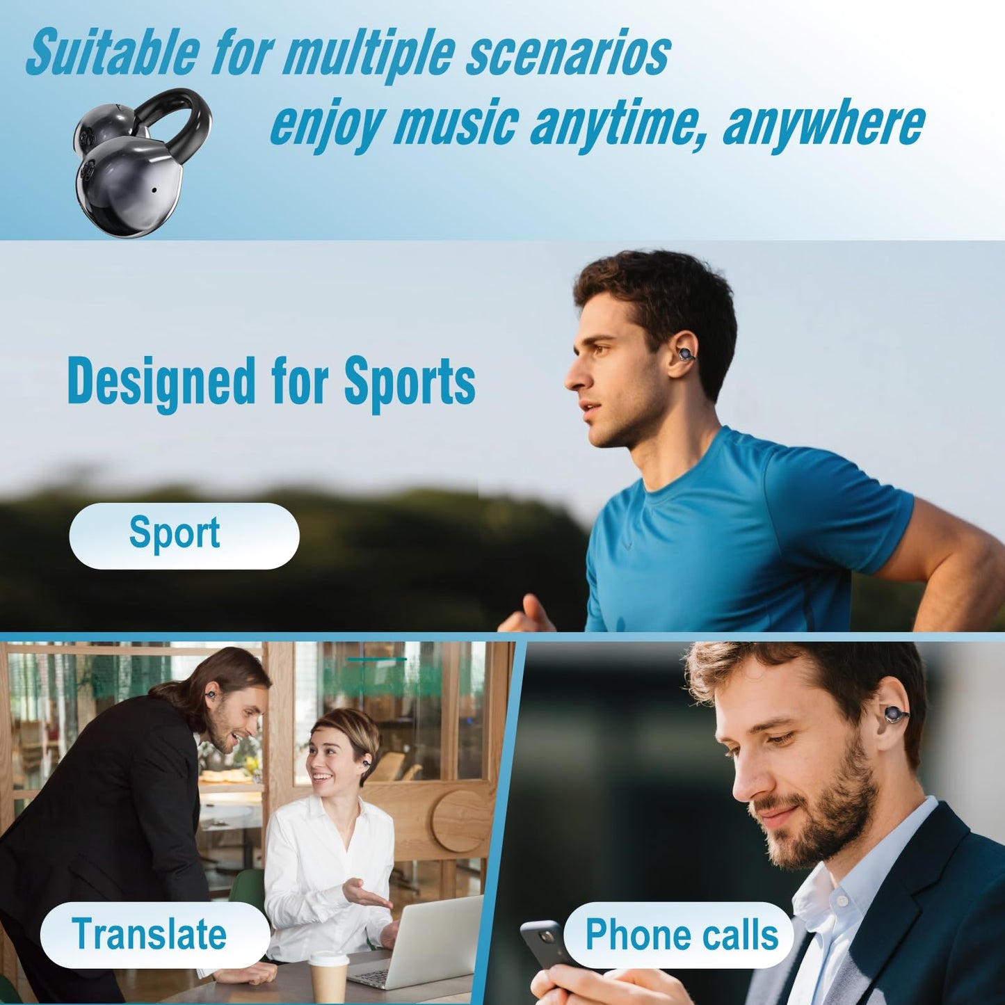 AI Translation Earbuds Real Time, 164 Language Translator Earbuds, 3-in-1 Wireless Clip on Earbuds, Bluetooth 5.4 Headphones, Translating Device for Travel Business Learning (Black)