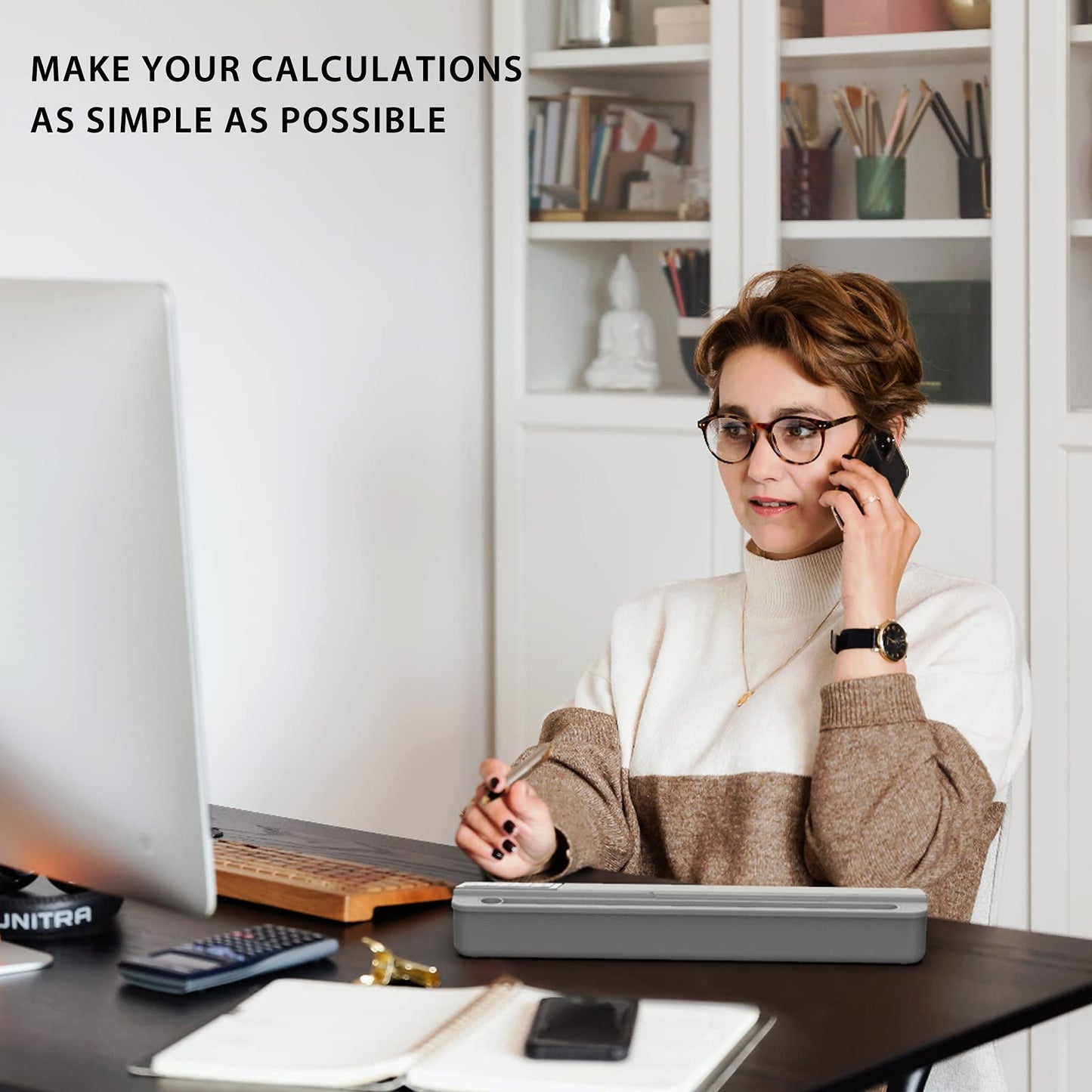 TOWON Desktop Glass Whiteboard with Basic Calculator, 12 Digit LCD Display, Desk Organizers with Accessories for Office, Home, School Supplies, Storage with Dry Erase Board Surface, Gray, 18'' x 6''