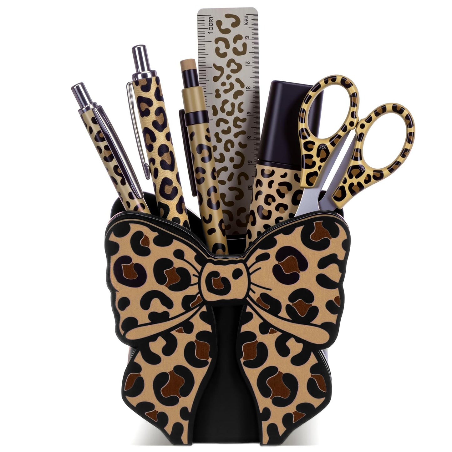 Tenceur Leopard Print Bow Holder for Desk Large Capacity Bow Wooden Pencil Holder Coquette Supplies Desk Organizer Cute Teacher Office Decor Makeup Brush Holders Back to School Gift for Girls Women