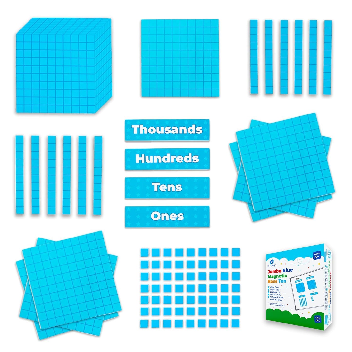 Simply magic 131+4 PCS Jumbo Blue Magnetic Base Ten Blocks for Math + Headings - Math Manipulatives, Base 10 Blocks, Place Value Manipulatives Magnets, Counters for Kids, Classroom Must Haves