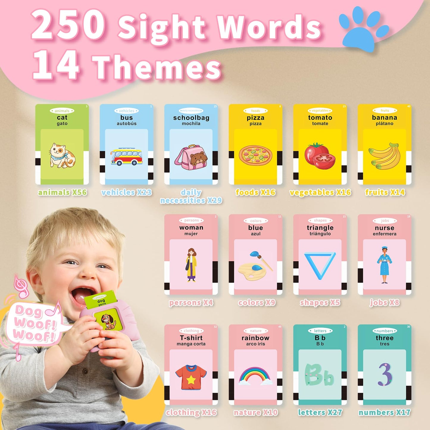 Aullsaty Toddler Toys Bilingual English and Spanish Talking Flash Cards for 1 2 3 4 5 6 Year Old Boys and Girls, Autism Sensory Toys for Autistic Children, Learning Educational Speech 250 Sight Words