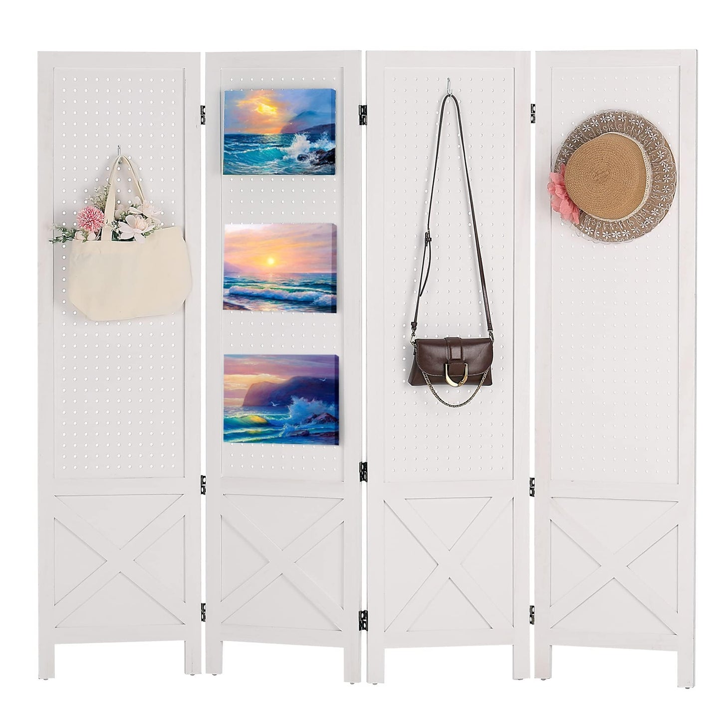 Wnutrees 4 Panel Pegboard Display, 5 Ft Wood Folding Privacy Screens Room Divider, Portable Freestanding Display Board for Craft/Art Shows, Retail, Events, Wall Organizer, Rustic Barnwood, White