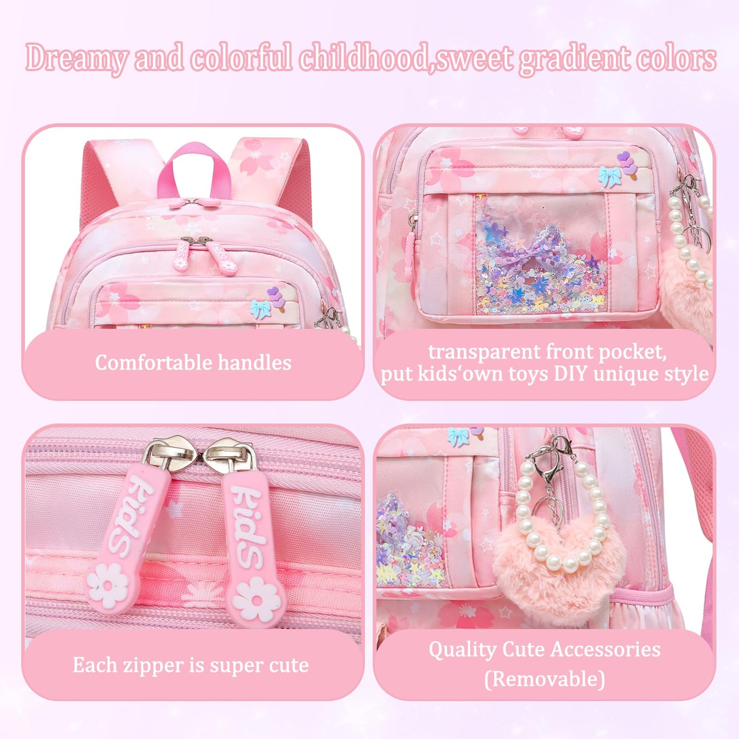 Lovely Girls Backpack School Bag for Students Kids Book Bag with Multiple Pockets Splash-proof Children's Backpack（17inch Pink）