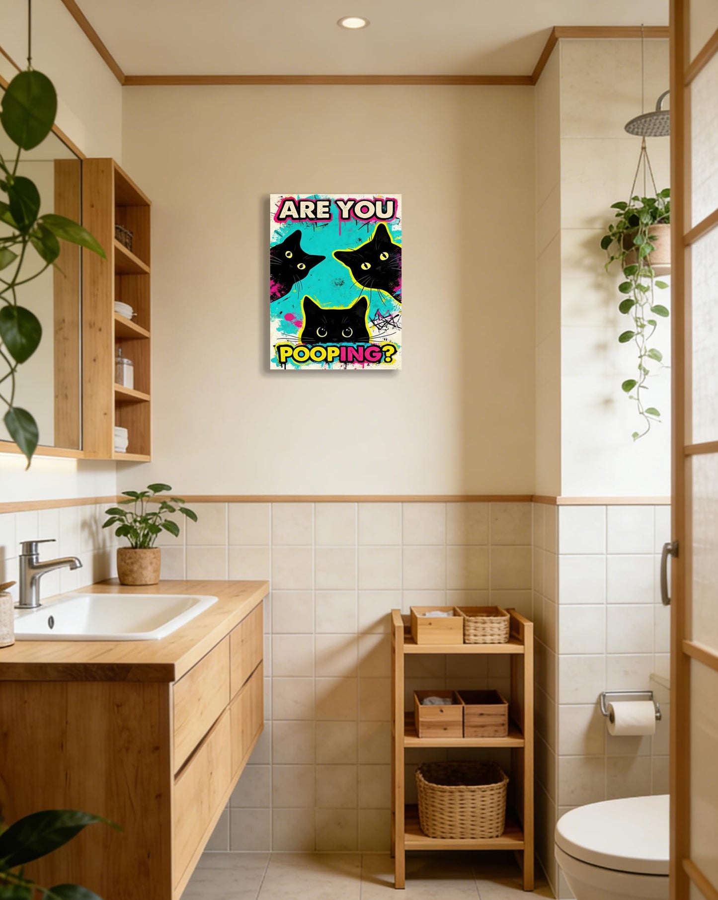 DUFIPOR Funny Black Cat Bathroom Wall Art, Are You Pooping? Graffiti Pop Art Canvas Prints, 12x16 Inch Humorous Bathroom Decor for Washroom Restroom, Trendy Cat Lover Gifts for Bathroom Wall Decor