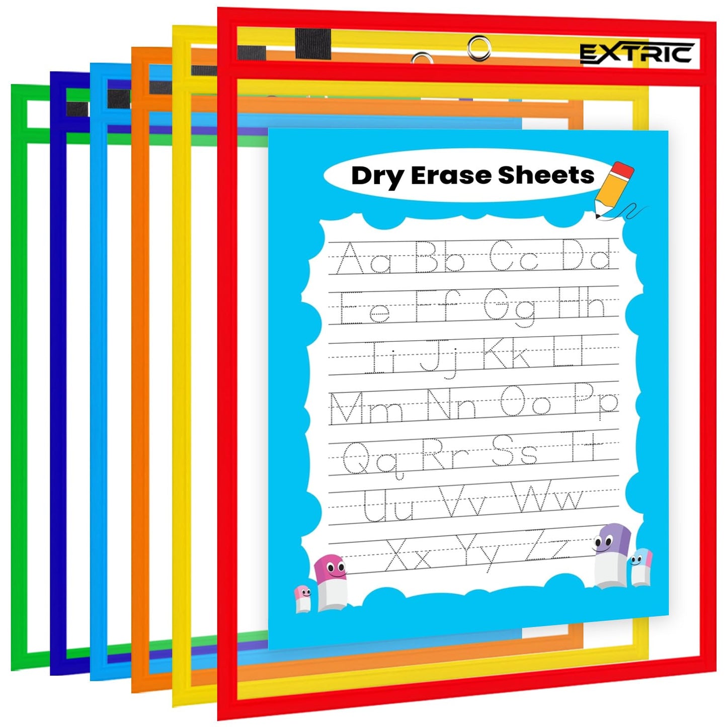EXTRIC 24 Pack Dry-Erase Sheets, Clear Plastic Paper Sleeves, Assorted Color, 10x16 inches, 24 Pieces