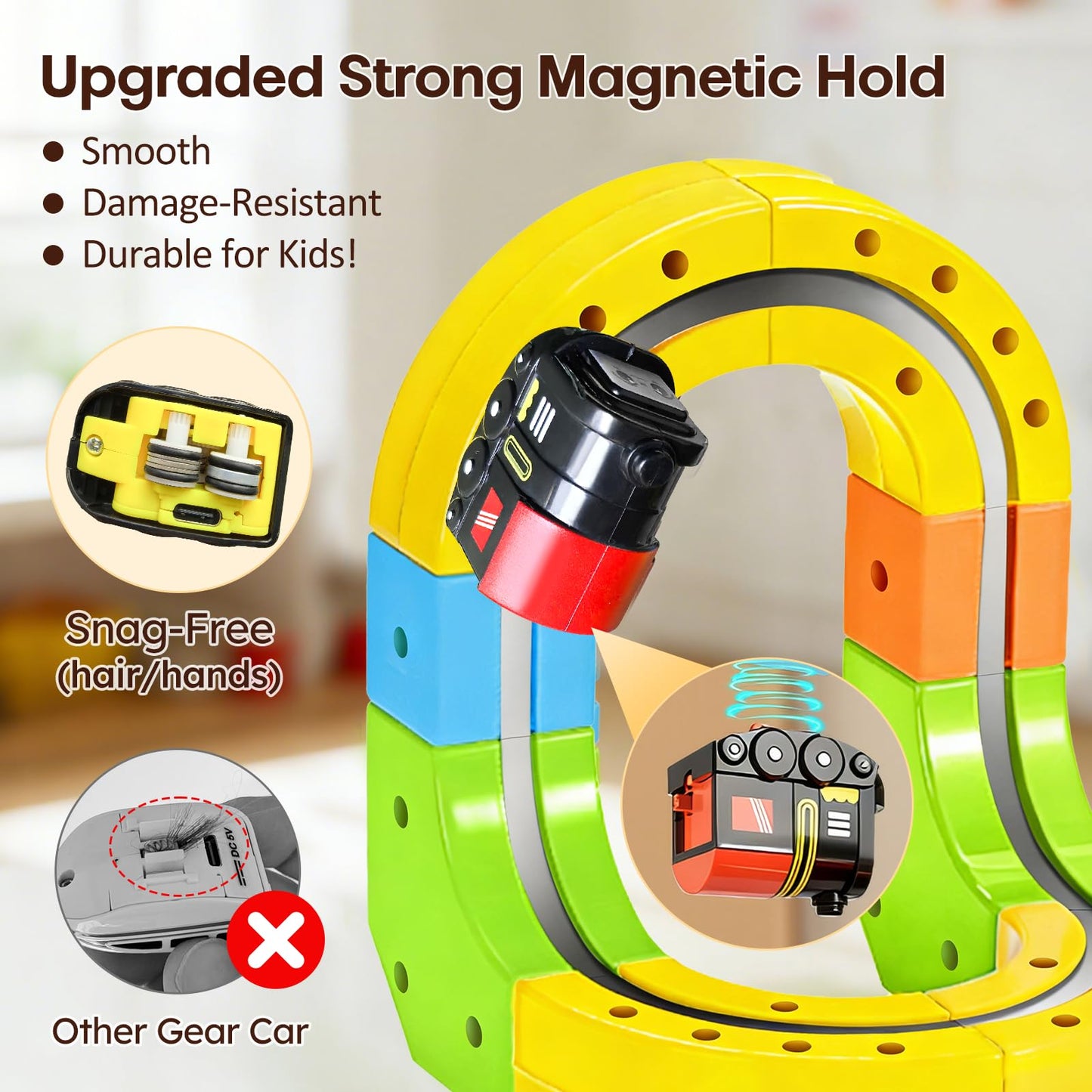 Upgrade Magnetic Train Set for Kids with 2 Rechargeable Trains, 105PCS Gravity-Defying Race Track, Safer Magnetic STEM Building Toy with Vertical Climb & Upside-Down Tracks for Boys Girls Ages 3-12