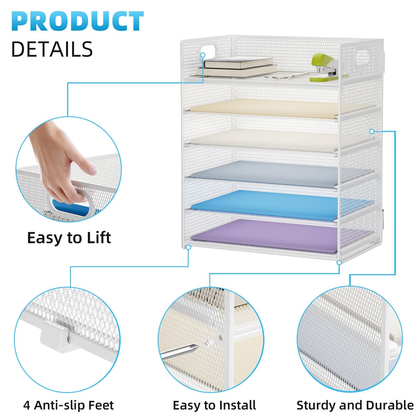 Marbrasse 6 Tier Paper Organizer Letter Tray - Mesh Desk File Organizer with Handle, Paper Sorter for Letter/A4 Office File Folder Holder - White